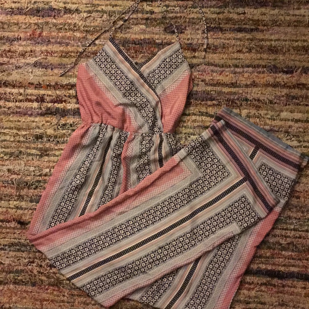 Halter open back full length printed romper